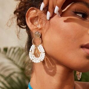 2/$30🌵 White Bead Gold Arch Earrings Beaded Bohemian Long Boho Jewelry Gift NEW